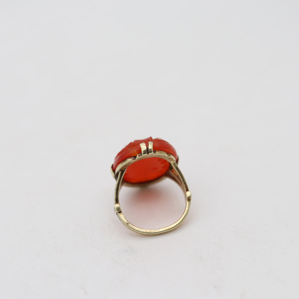 AMERICAN 1925 Art-Deco Cocktail Ring In 14Kt With Chinoiserie Carved Carnelian