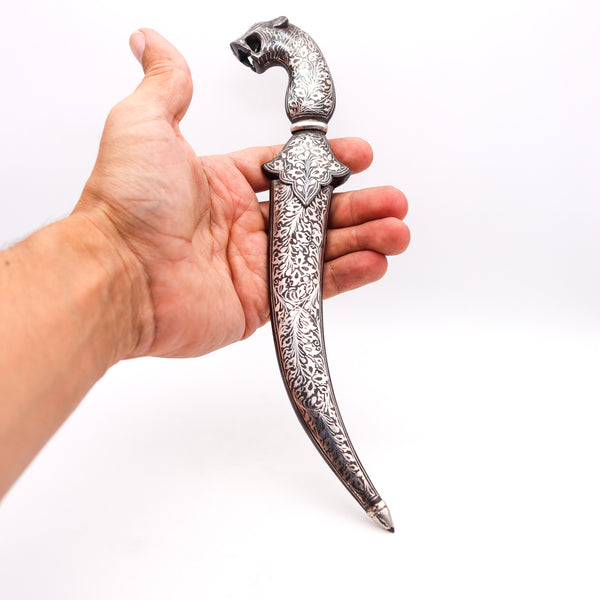 +Turkish Arab 1850 Damascene Silver And Niello Waist Short Dagger With Sheath In Forged Steel