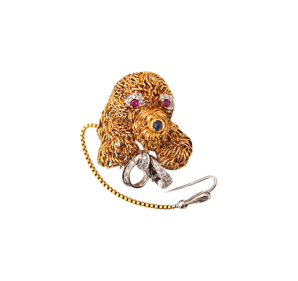 ITALIAN 1970 Modernist Doggy Clip-Brooch In 18Kt Gold With Diamonds & Gemstones