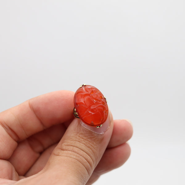 AMERICAN 1925 Art-Deco Cocktail Ring In 14Kt With Chinoiserie Carved Carnelian