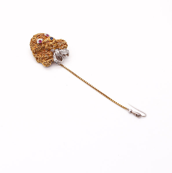 ITALIAN 1970 Modernist Doggy Clip-Brooch In 18Kt Gold With Diamonds & Gemstones