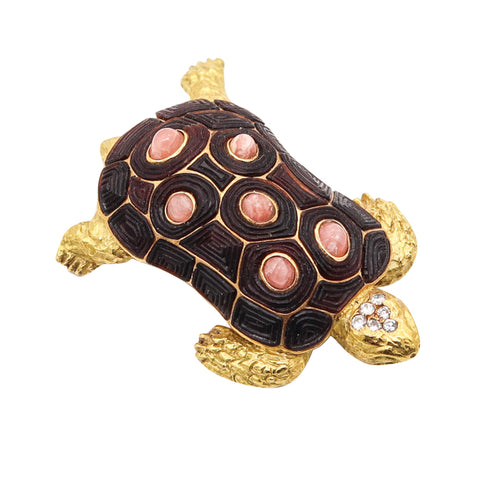 CHAUMET Paris 1960 Turtle Brooch In 18Kt Yellow Gold With Diamonds & Rhodochrosite