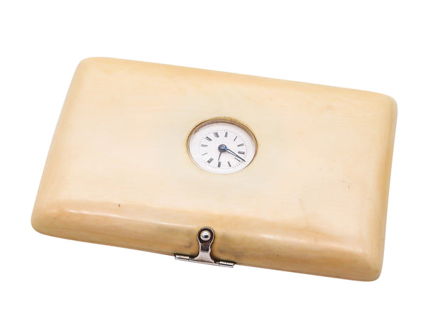 EDWARDIAN 1910 Cards Case With Round Clock In Ivory And .800 Sterling Silver