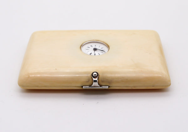 EDWARDIAN 1910 Cards Case With Round Clock In Ivory And .800 Sterling Silver