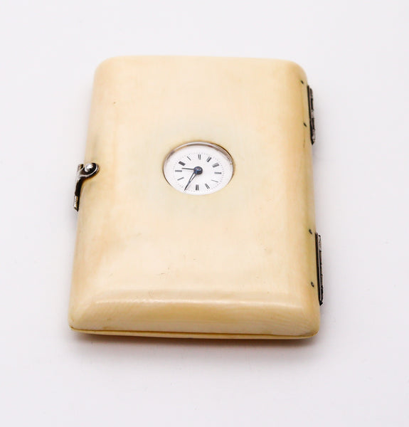 EDWARDIAN 1910 Cards Case With Round Clock In Ivory And .800 Sterling Silver