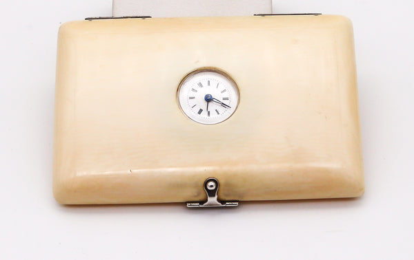 EDWARDIAN 1910 Cards Case With Round Clock In Ivory And .800 Sterling Silver