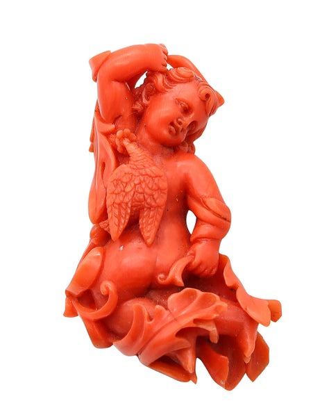 ITALY 18th Century Antique 1750 Carved Figure Of Cupid In Sardinian Coral