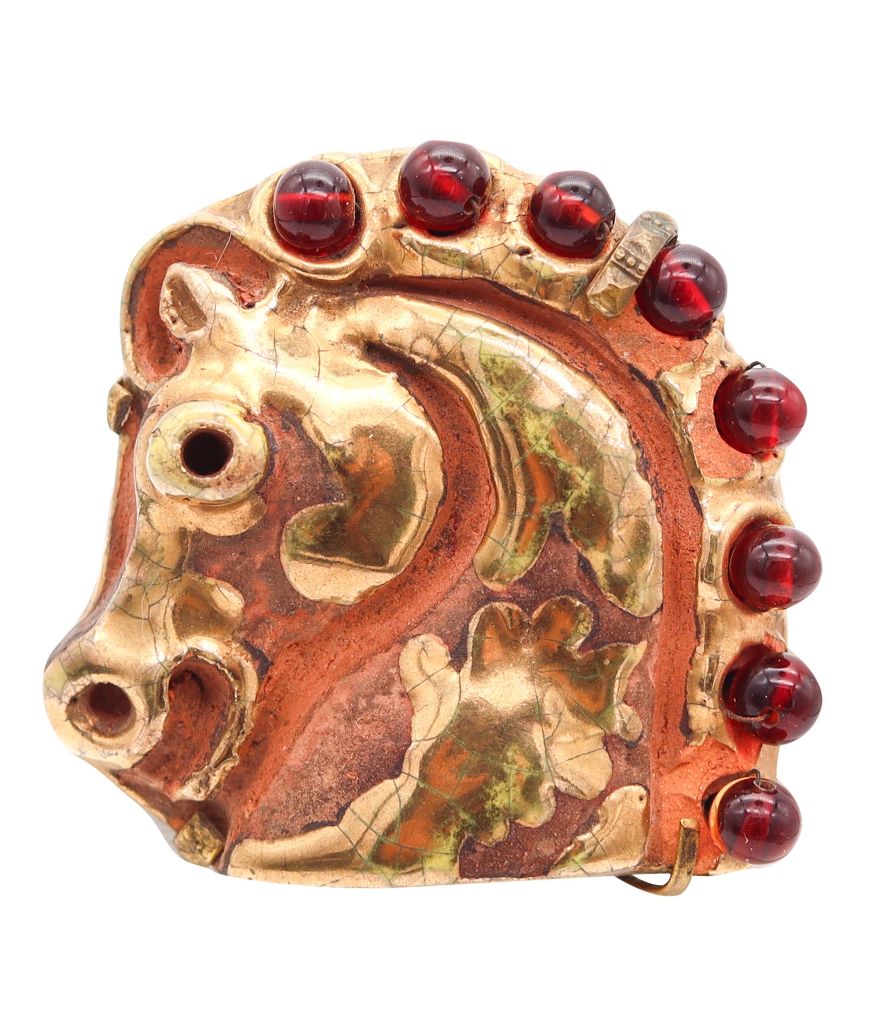 HERMES 1970 Aldo Londi Bronze Brooch Of Horse Head In Glazed & Gilt Ceramic