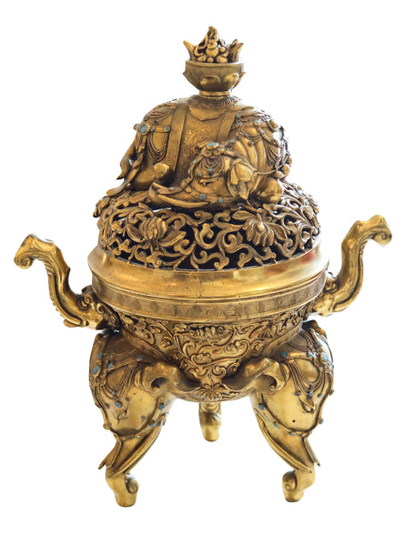 QING DYNASTY 18th Century Palatial Gilt Bronze Elephant Censer With Cover Lid