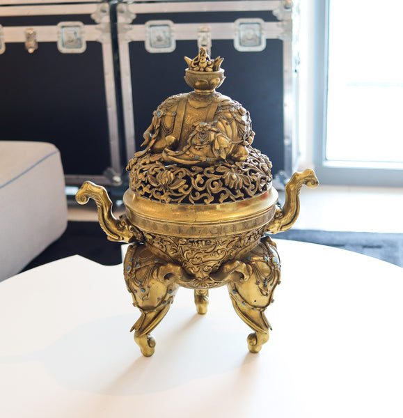 QING DYNASTY 18th Century Palatial Gilt Bronze Elephant Censer With Cover Lid