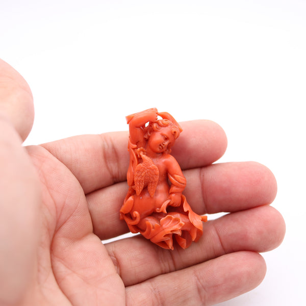 ITALY 18th Century Antique 1750 Carved Figure Of Cupid In Sardinian Coral
