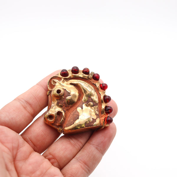 HERMES 1970 Aldo Londi Bronze Brooch Of Horse Head In Glazed & Gilt Ceramic