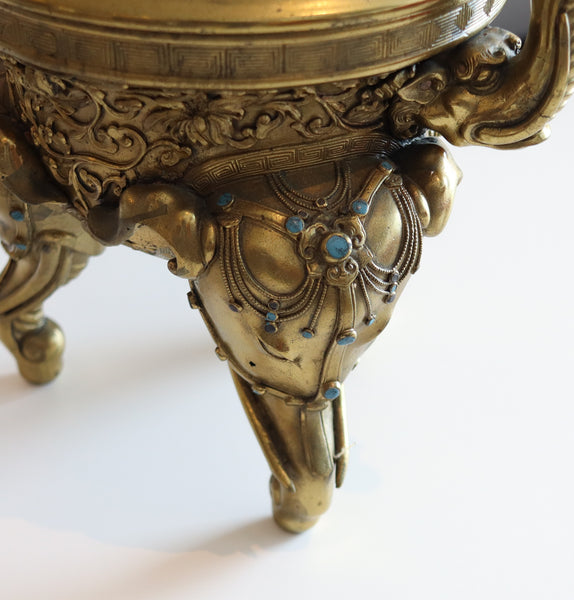 QING DYNASTY 18th Century Palatial Gilt Bronze Elephant Censer With Cover Lid