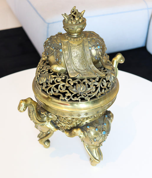 QING DYNASTY 18th Century Palatial Gilt Bronze Elephant Censer With Cover Lid