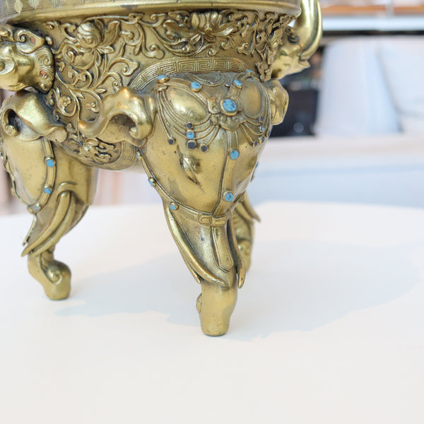 QING DYNASTY 18th Century Palatial Gilt Bronze Elephant Censer With Cover Lid