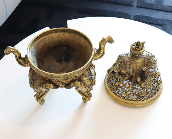 QING DYNASTY 18th Century Palatial Gilt Bronze Elephant Censer With Cover Lid