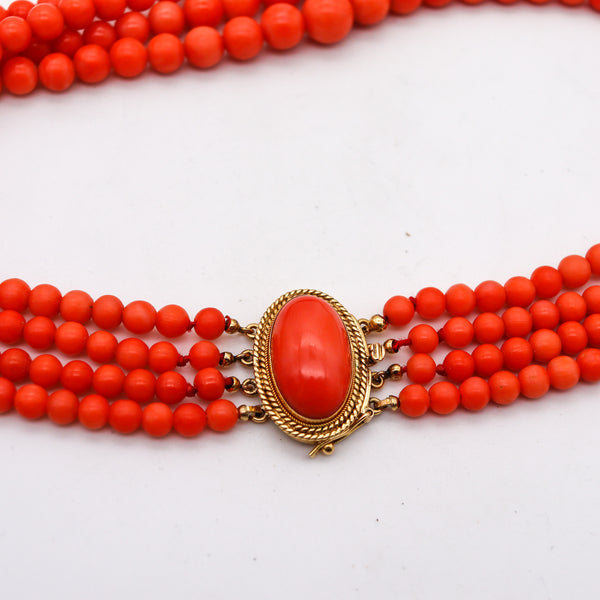 -Italian 1960 Four Strands Graduated Coral Necklace Mount In 18Kt Yellow Gold