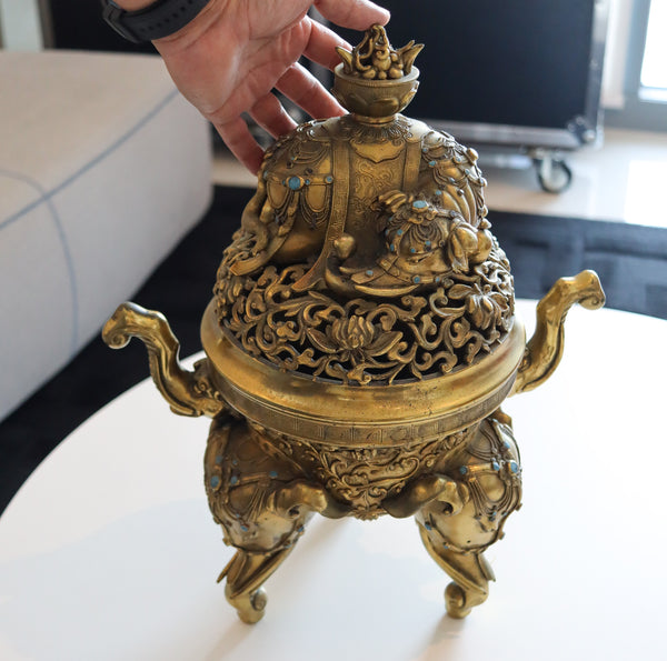 QING DYNASTY 18th Century Palatial Gilt Bronze Elephant Censer With Cover Lid