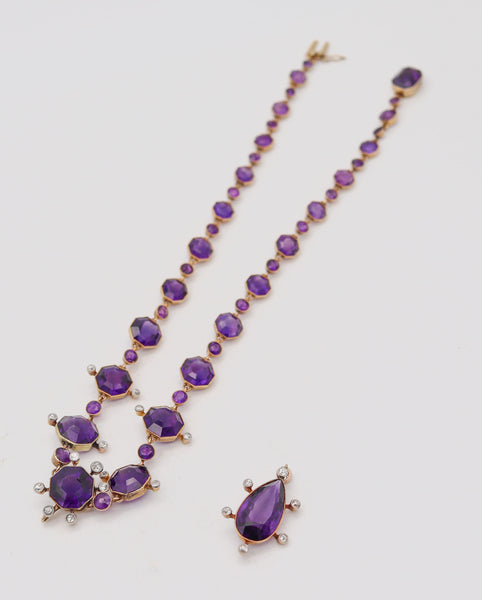 VICTORIAN 1880 Convertible Necklace In 18Kt Gold Graduated Amethysts & Diamonds
