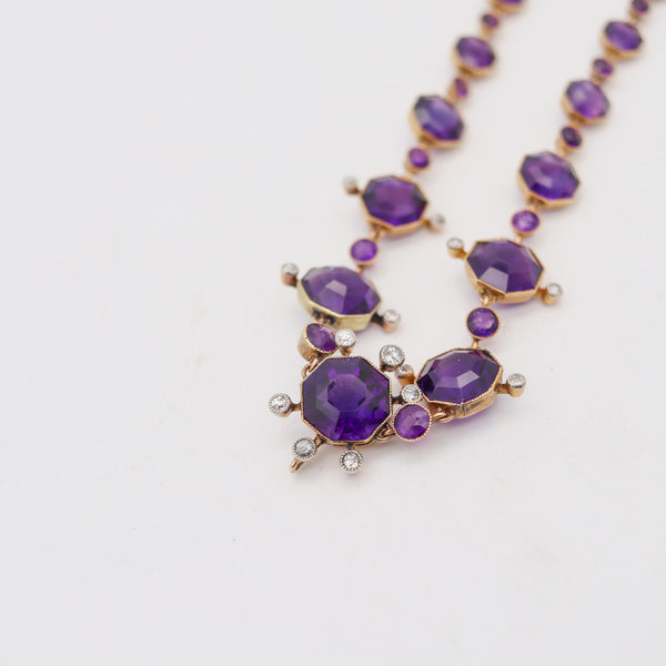 VICTORIAN 1880 Convertible Necklace In 18Kt Gold Graduated Amethysts & Diamonds