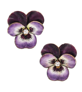 HEDGES & CO. 1900 Art Nouveau Enamel Pansy Earrings In 14Kt Gold With Diamonds