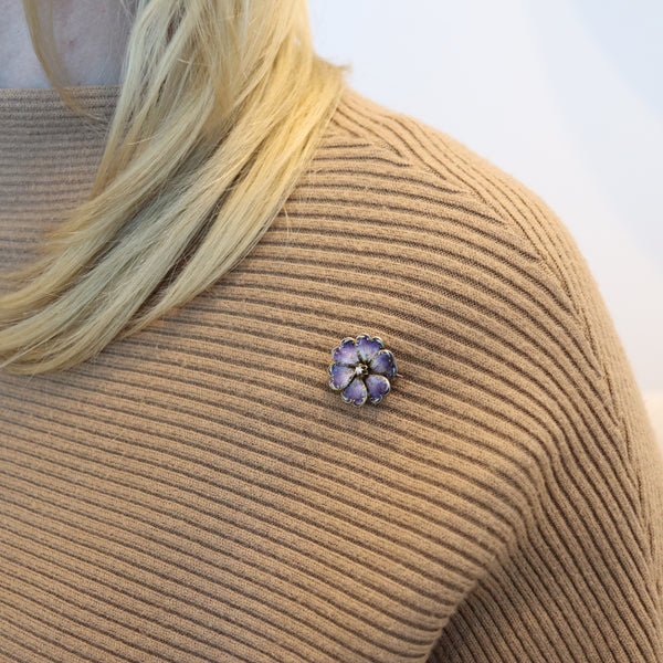 -Art Nouveau 1905 Edwardian Enameled Purple Flower Brooch in 14Kt Gold With Diamond