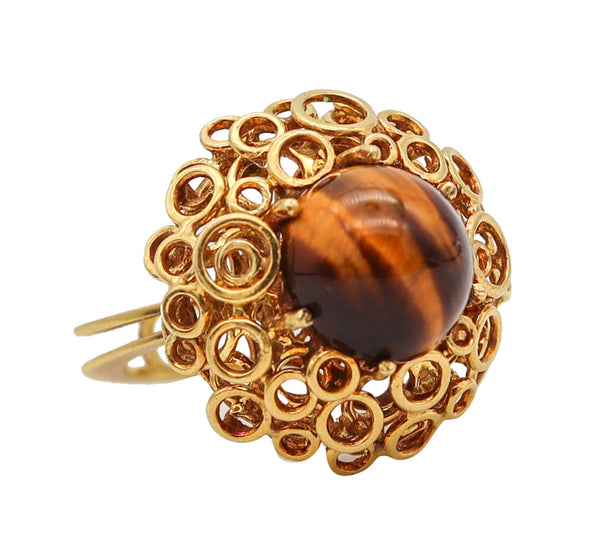 -Modernist 1970 Sculptural Cocktail Ring In 18Kt Gold With Tiger Eye