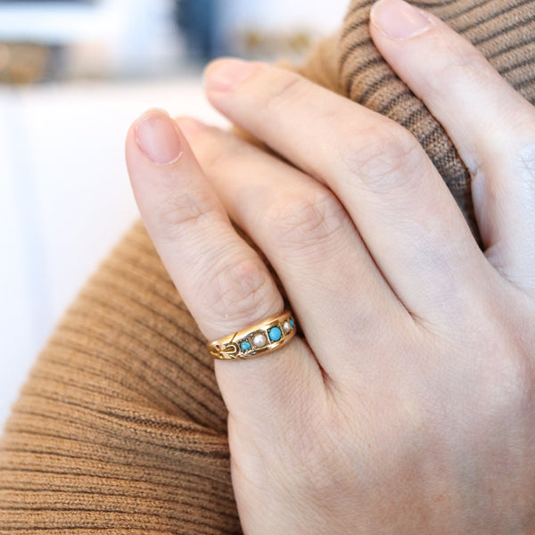 -Victorian 1886 Birmingham Antique Ring In 18Kt Gold With Turquoises And Pearls