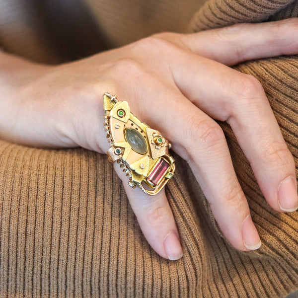 -Constructivist Sculptural Studio Ring In 14 Kt Gold With Moonstone Tourmaline And Tsavorites