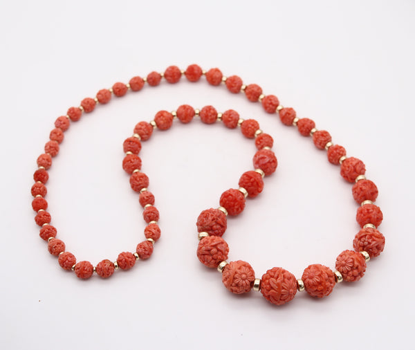 GRADUATED 1930 Art Deco Carved Coral Beads Necklace Mount In 18Kt Yellow gold