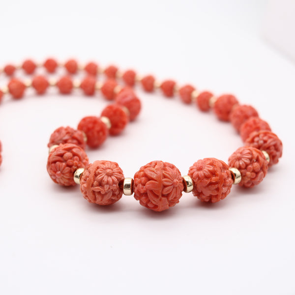 GRADUATED 1930 Art Deco Carved Coral Beads Necklace Mount In 18Kt Yellow gold