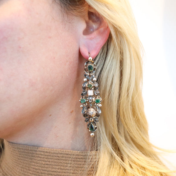 -Spanish Colonial 1785 Dangle Earrings In 17Kt Gold And Silver With Diamonds And Emeralds