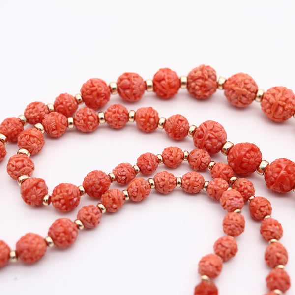 GRADUATED 1930 Art Deco Carved Coral Beads Necklace Mount In 18Kt Yellow gold