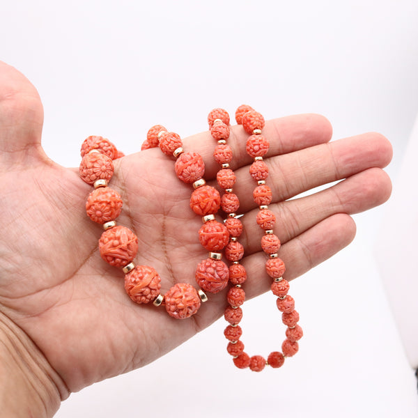 GRADUATED 1930 Art Deco Carved Coral Beads Necklace Mount In 18Kt Yellow gold