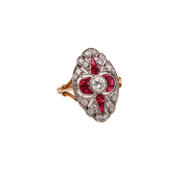 -Art Deco 1930 Ring In 18kt Gold And Platinum With 1.42 Ctw Diamonds And Rubies