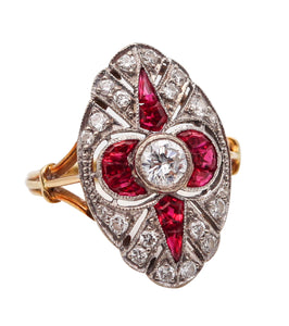 -Art Deco 1930 Ring In 18kt Gold And Platinum With 1.42 Ctw Diamonds And Rubies