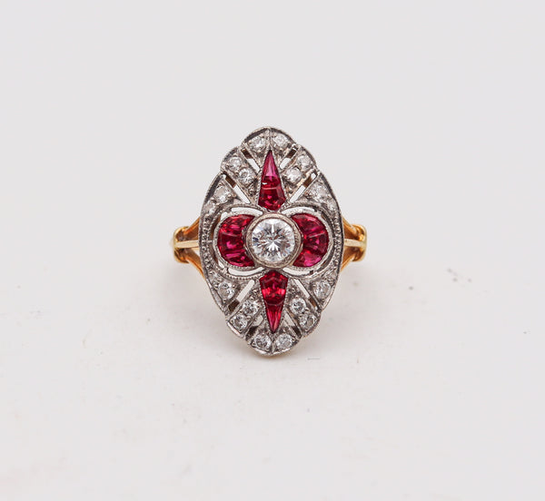 -Art Deco 1930 Ring In 18kt Gold And Platinum With 1.42 Ctw Diamonds And Rubies