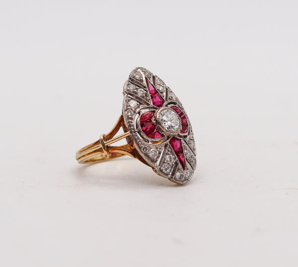 -Art Deco 1930 Ring In 18kt Gold And Platinum With 1.42 Ctw Diamonds And Rubies