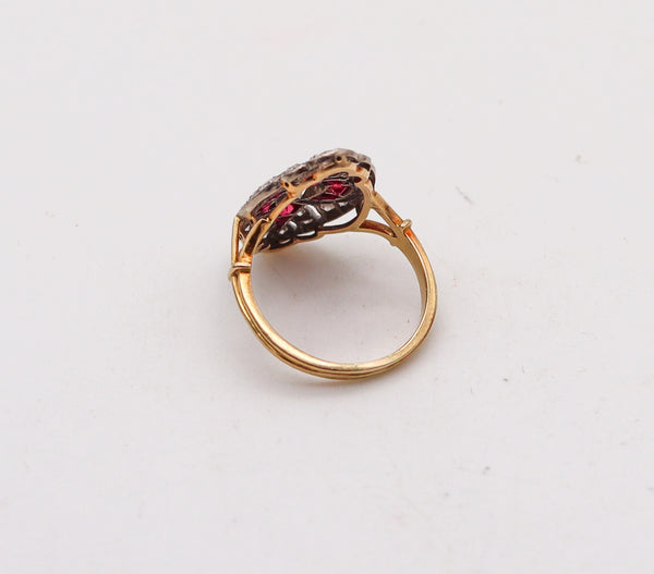 -Art Deco 1930 Ring In 18kt Gold And Platinum With 1.42 Ctw Diamonds And Rubies