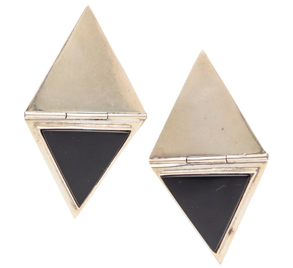 TAXCO 1970 Mexican Geometric Modernist Earrings In .925 Sterling With Onyx