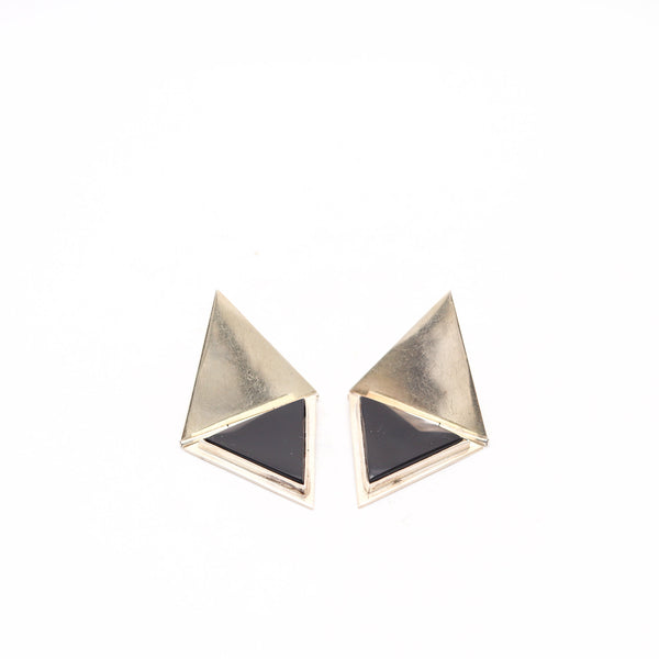 TAXCO 1970 Mexican Geometric Modernist Earrings In .925 Sterling With Onyx