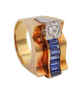 -Deco Retro 1935 Tank Chevalier Ring In 18Kt Gold Platinum Diamond And Sapphires