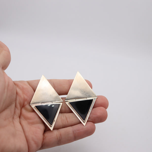 TAXCO 1970 Mexican Geometric Modernist Earrings In .925 Sterling With Onyx