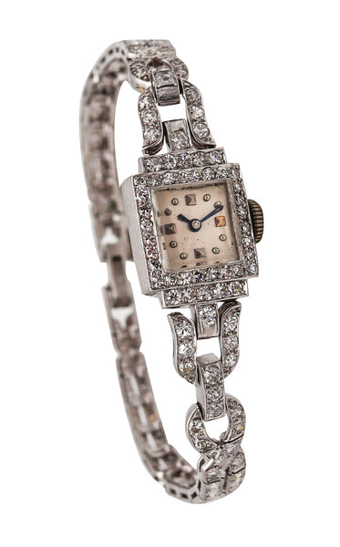-Art Deco 1930 Wrist Watch In .900 Platinum With 4.98 Ctw In Round Diamonds