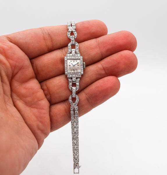 -Art Deco 1930 Wrist Watch In .900 Platinum With 4.98 Ctw In Round Diamonds