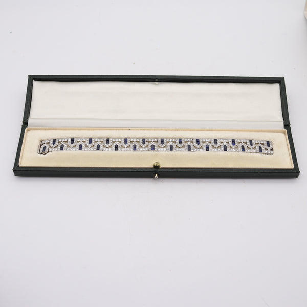FRENCH 1925 Art-Deco Geometric Platinum Bracelet 18.34 Cwt Diamonds & Sapphires