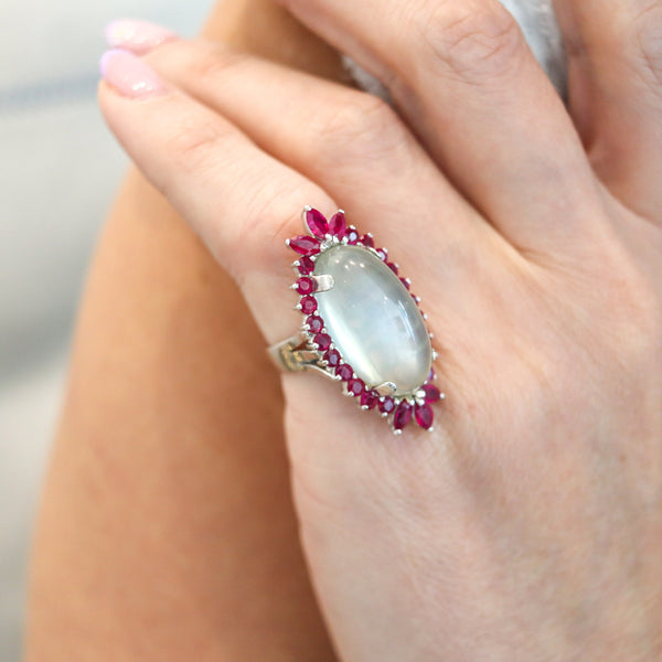 MIKIMOTO Navette Cocktail Ring In 14Kt Gold With 22.25 Ctw Moonstone And Rubies