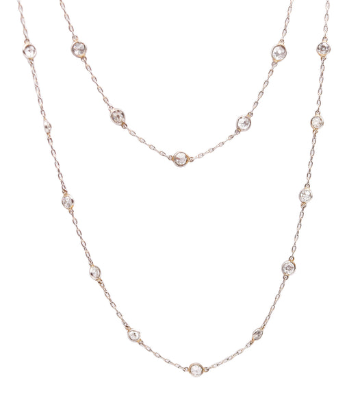 ART DECO 1930 Platinum Stations Necklace Sautoir With 10.86 Cts In Round Diamonds