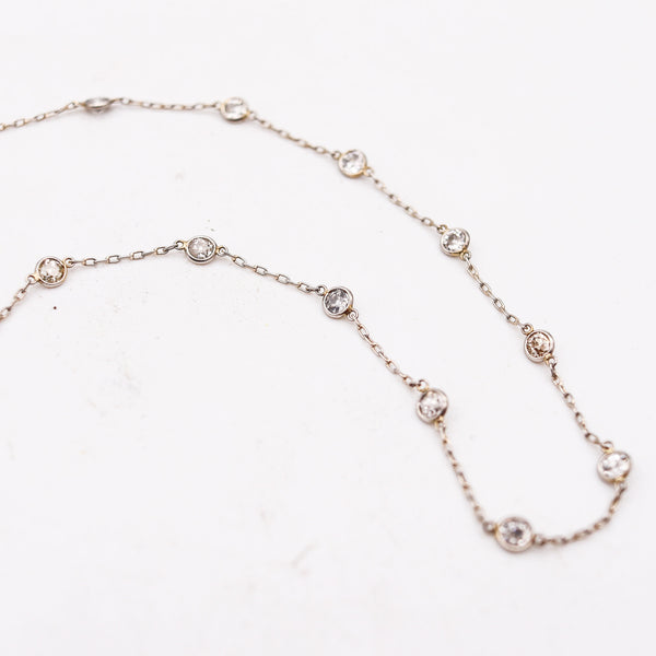 ART DECO 1930 Platinum Stations Necklace Sautoir With 10.86 Cts In Round Diamonds