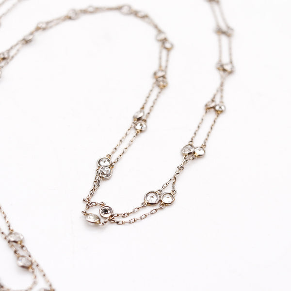 ART DECO 1930 Platinum Stations Necklace Sautoir With 10.86 Cts In Round Diamonds